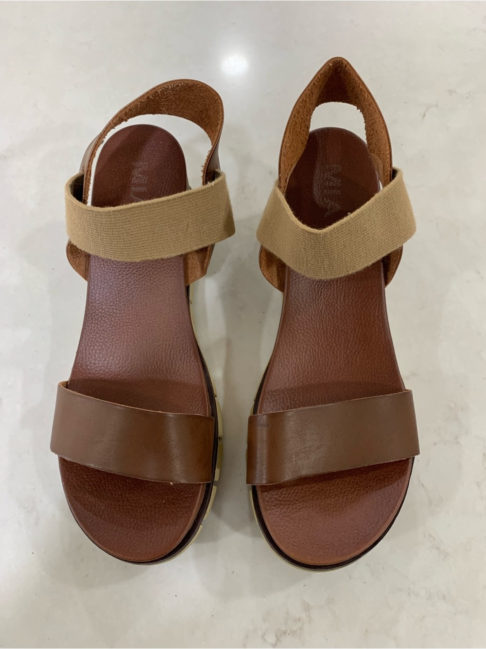 MIA Brown Leather & Tan Elastic Slingback Sandals